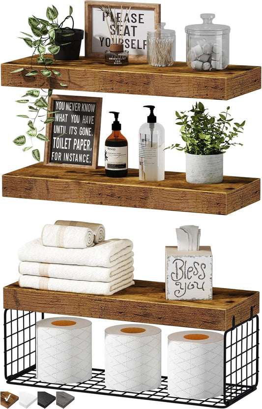 QEEIG Bathroom Shelves Over Toilet - Rustic Brown Wall-Mounted Floating Shelves | Set of 3, 16 Inch Toilet Paper Storage