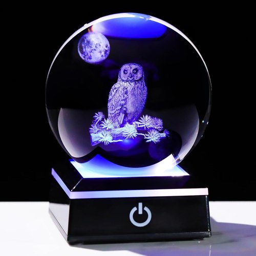 Arikyrist 3D Owl Crystal Ball Figurine - LED Base Night Light Gift for Owl Lovers | 80mm Decorative Glass Globe