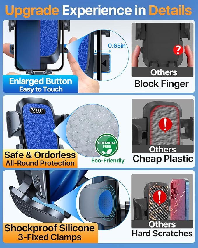 [True Upgrade for Safety] YRU Car Phone Holder Mount [Patent & Military-Grade]Dashboard Cell Phone Holder for Car Vent Windshield Phone Stand for iPhone 17 16 15 14 13 Pro Max Truck Samsung, Dark Blue