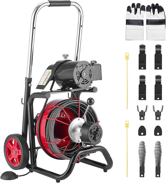 VEVOR Drain Cleaner Machine 100 FT x 1/2 Inch, Auto Feed Sewer Snake Auger on Wheels - with 8 Cutters & Air-Activated Foot Switch for 2" to 6" Pipes