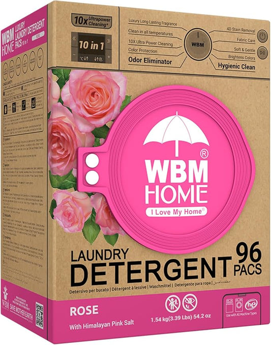 WBM Home 10-in-1 Laundry Pods, Total 96 Count, Ultra Concentrate with Powerful Stain Lifter Technology, Fabric Softener With Rose Extracts, Detergent Pods