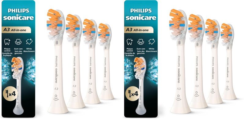Philips Sonicare A3 All-in- - Genuine Replacement Electric Toothbrush Heads,White,Year Supply,HX9094/65,4 Count (Pack of 2)