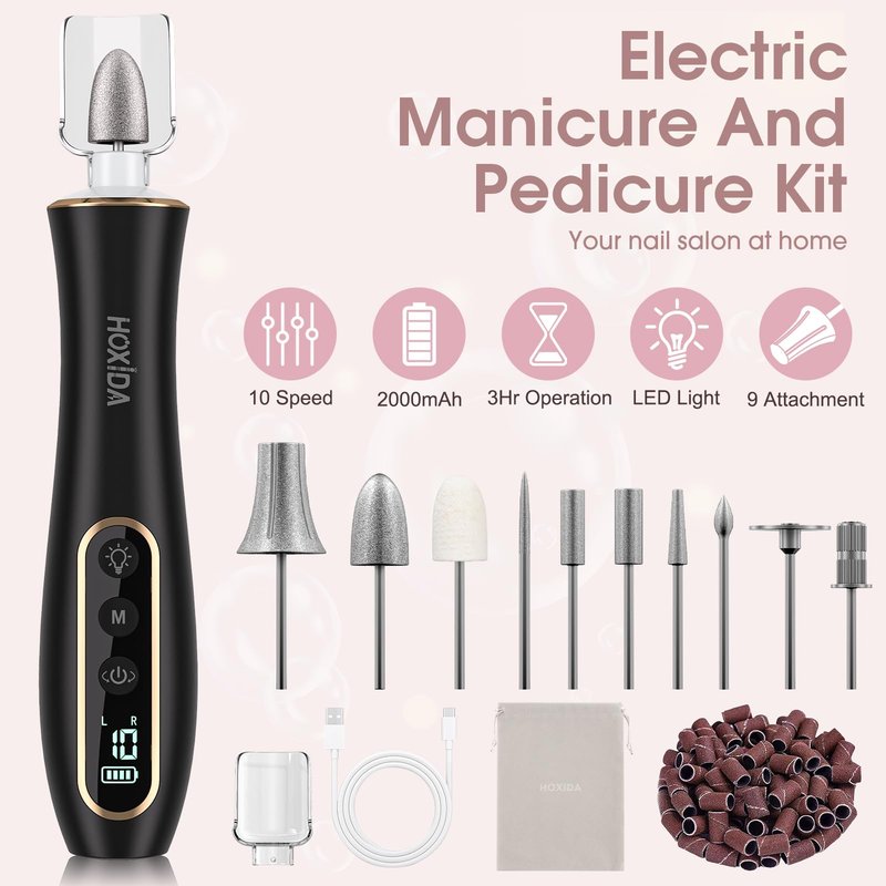 Professional Manicure Pedicure Kit with 360° LED Light&10 Speeds&Memory Mode with Case, Cordless Electric Nail Drill, Pedicure Tools for feet,Hand Foot Care Nail File for Thick Nail Toenail Cuticle
