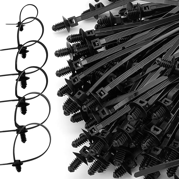 Semrien 240 Pcs Push Mount Cable Ties Assorted Sizes, Black Nylon Push Mount Zip Ties Wire Harness Clips, 6-Types Snap in Zip Ties Self Locking Automotive Wire Ties for Wire Tying, Automotive