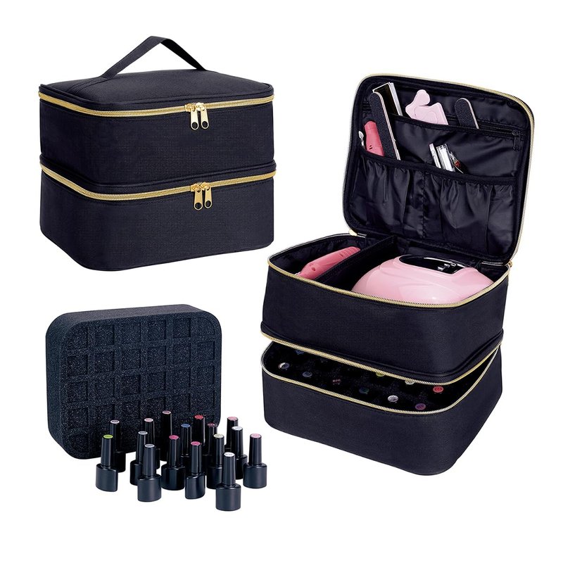 UOZL Nail Polish Organizer, Handheld Double Layer Organizer Holds 30 Bottles (15 ml/0.5 floz) with Adjustable Dividers for Nail Polish Small Manicure Lamp Manicure Tools Essential and Travel,Black