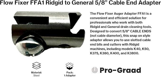 Auger Adapter FFA1 - Compatible With Rigid to General Drain Cleaner, Converts K40 K50 K375 K380 K400 K3800 5/8" Cable End (Not Cable Size) to fit General Slotted End Cable Drain Cleaners