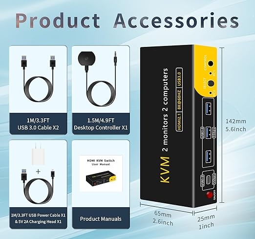 DP hdmi kvm Switch 2 Monitors 2 Computers Display Port,kvm Switch displayport with DP and HDMI kvm switches,8K@60HZ,USB3.0 with 1 USB C