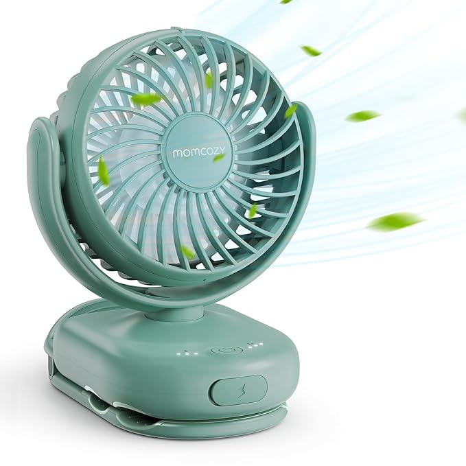 Momcozy Portable Stroller Fan with Clip | 4-Speed Mini-Fan for Carrier | Personal Fans Ultra Light 0.26lb | Gaps ≤4.5mm | Handheld Cooling | Rechargeable Rotate for Diaper Backpack/Table/Chair