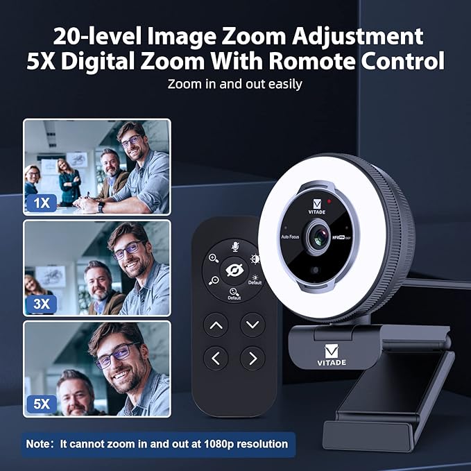 VITADE Zoomable Webcam with Remote Control, 1080P 60FPS Streaming Webcam with Adjustable Ring Light and Tripod, Pro USB 5X Digital Zoom Webcam for Zoom/Skype Teams/Laptop/Mac Windows