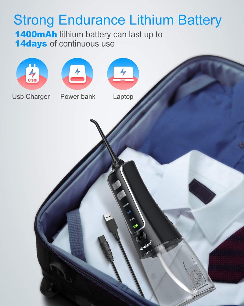 Nicefeel Cordless and Rechargeable Water Flosser - 300ML Water Tank Oral Irrigator, 4 Jet Tips, 3 Pressure Modes - IPX7 Waterproof and Travel Friendly for Dental Care