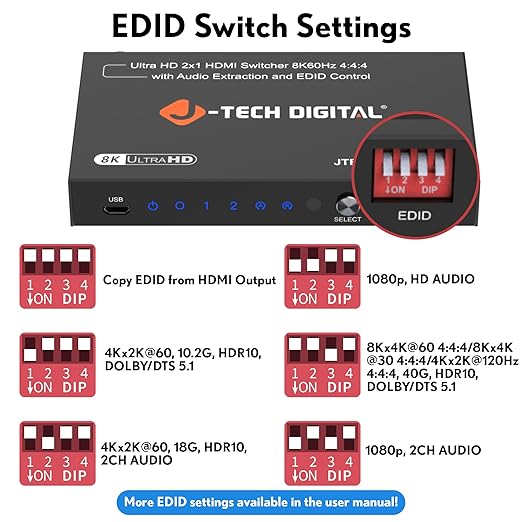 J-Tech Digital 8K HDMI Switch 2 in 1 Out 8K@60Hz 4K@120Hz 1080P@240Hz, HDMI Audio Extraction to Optical & 3.5mm, HDR HDCP 2.3 EDID Control, Compatible with PS5 PS4 Xbox Switch Apple TV Roku Fire TV