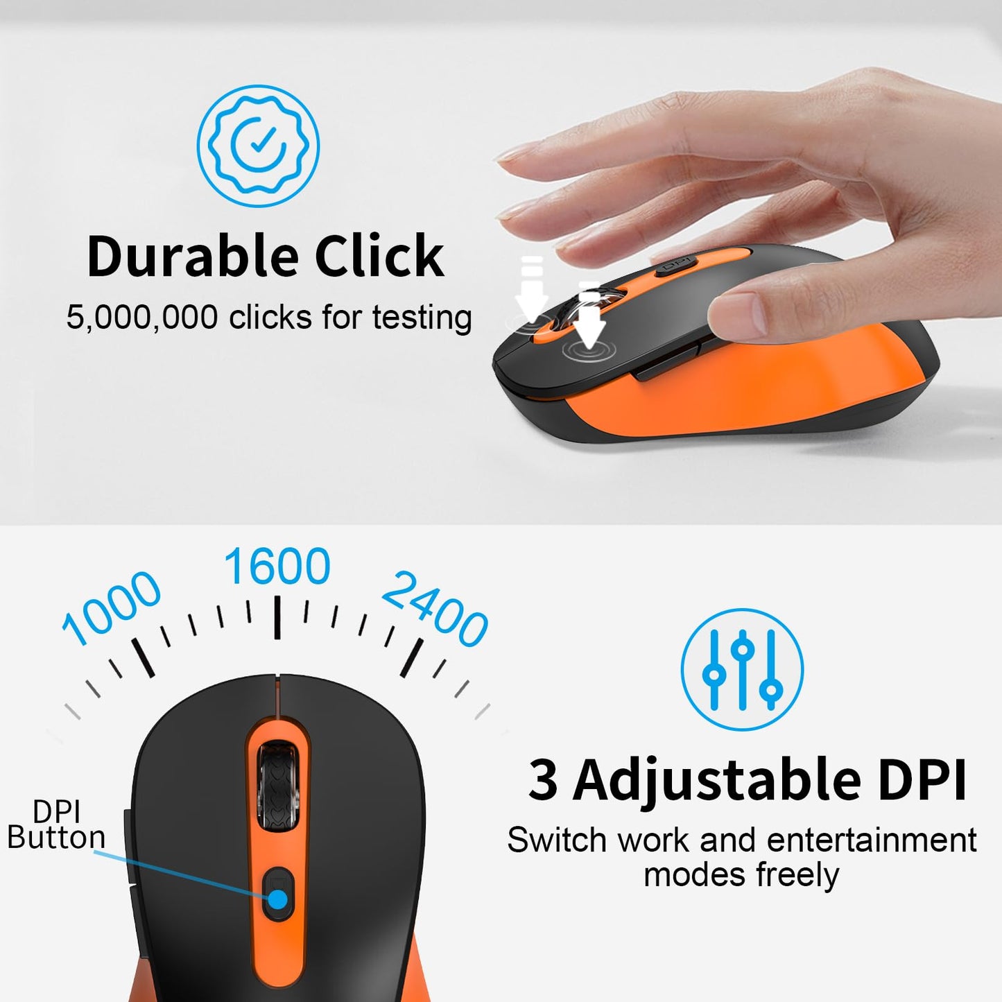 Wireless Mouse for Laptop, PC, Chromebook, Mac, MacBook, Silent Mouse with USB Nano Receiver, Side Button, 2400 DPI, Anti Slip Roller, 6 Button Ergonomics Cordless Computer Mice - Black Orange