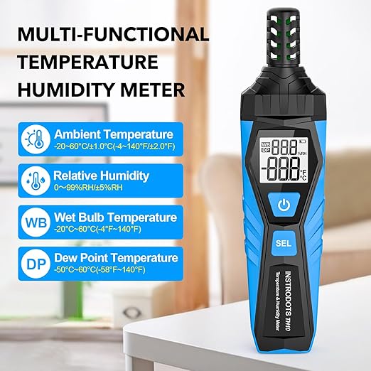 INSTRODOTS Temperature Humidity Meter - Handheld Thermometer Hygrometer with Ambient, Dew Point, Wet Bulb, High Precision Wet Bulb Thermometer, Dual Display Temperature & Humidity with LCD Backlight