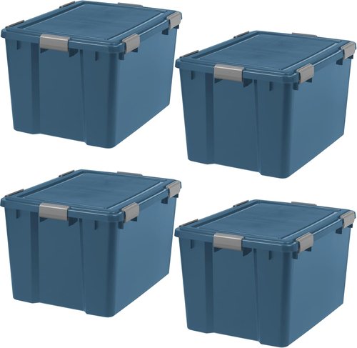 IRIS USA WeatherPro 74 Qt Eco-Friendly Storage Bins - BPA-Free, Stackable & Nestable, 4 Pack - Navy