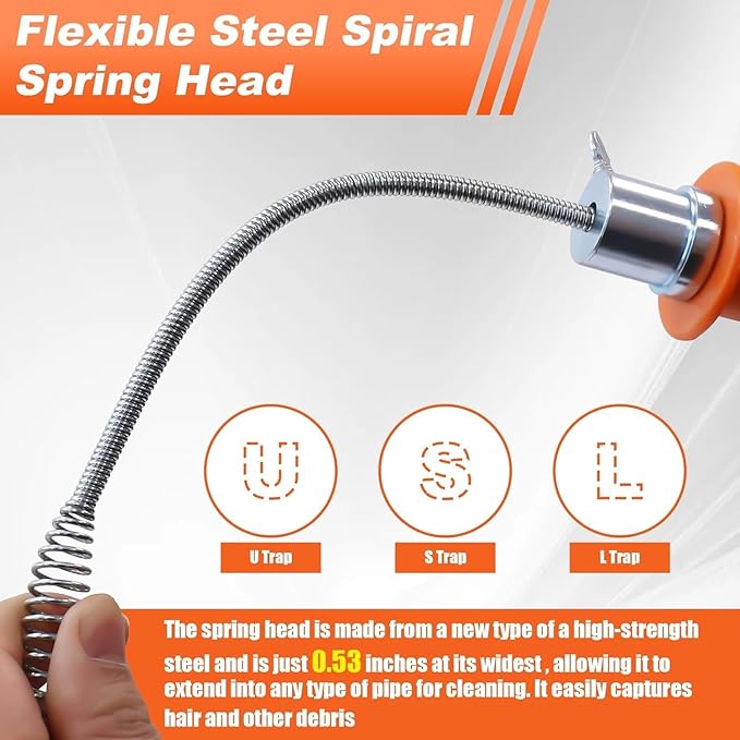Drain Auger 33ft Drain Clog Remover with Drill Adapter, Flexible Plumbing Snake for Kitchen, Bathroom & Shower Sinks, Hair Clog Remover, Manual or Drill Powered, Full Set Included