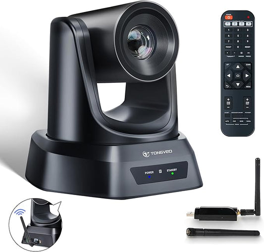 TONGVEO Wireless AI PTZ Camera with Auto-Tracking: Built-in 5.8GHz Receiver for Cable-Free Setup, 1080P 60fps 3X Zoom Conference Camera for Church Services, Online Classes & Hybrid Meetings