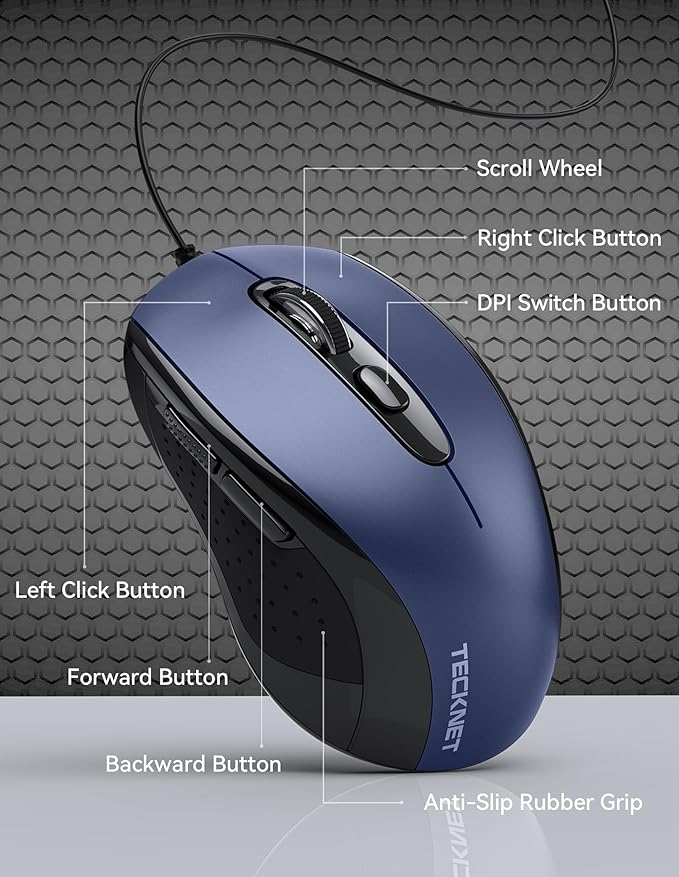 TECKNET USB Wired Mouse, 3600DPI Corded Computer Mouse with 4 Adjustable Levels, 6-Button 5FT Cord Ergonomic Mice, Home and Office Mice for Laptop PC Desktop Notebook - Blue