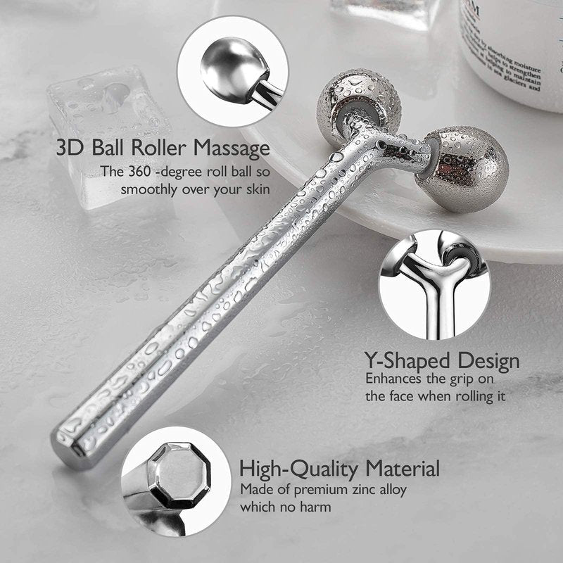 Tekson Faical Roller Massager and 3PCS Eye Roller Cream, 3D Metal Face Massage Tool for Reduce Puffines