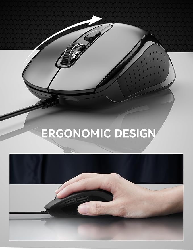 TECKNET USB-A Wired Mouse for Laptop Computer with 2-Button,Home and Office 5FT Corded Mouse, 1600DPI Ergo-Optic Shape PC Mouse Wired for Chromebook,PC,Desktop,Notebook-Black