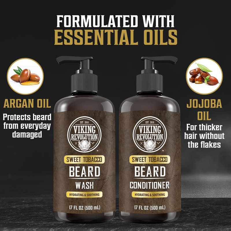 Viking Revolution Beard Wash & Conditioner for Men | Argan & Jojoba Oil - 17oz Sweet Tobacco Beard Softener