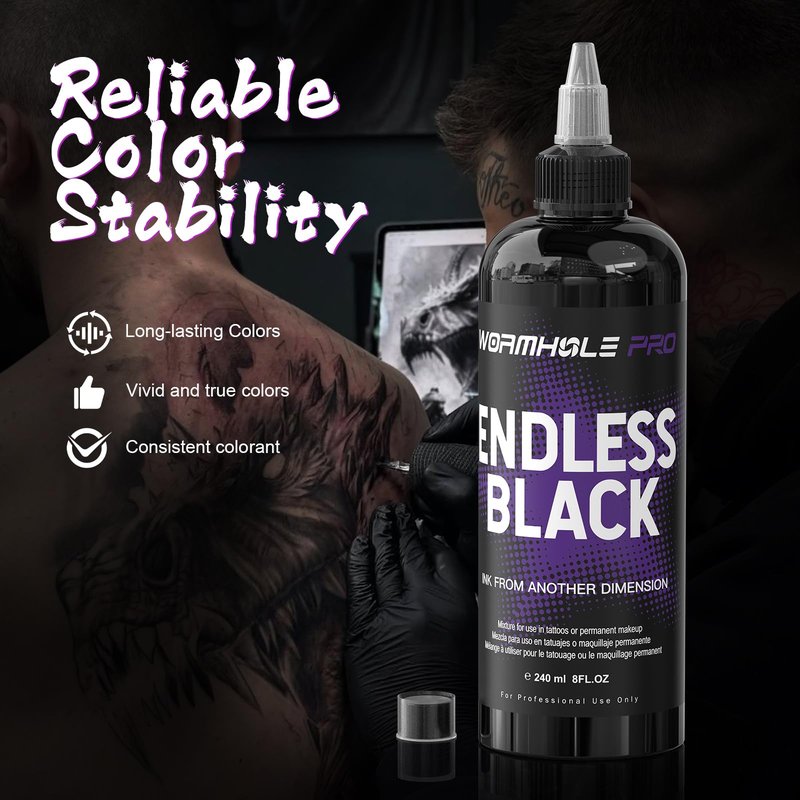 WORMHOLEPRO Black Tattoo Ink - Endless Black Ink, Long Lasting Vivid, Vegan Pigment for Old School, Tribal Tattoos (8 oz Bottle)