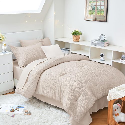 HYMOKEGE Twin XL Comforter Set - 5-Piece Seersucker Luxury Bedding Set in Beige for All Seasons