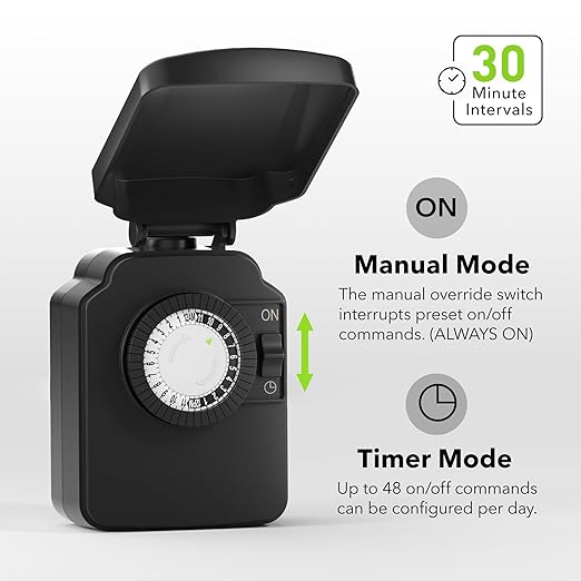BN-LINK 24 Hour Heavy Duty Mechanical Timer, Outdoor Timer Outlet Waterproof with 30 Minutes Intervals, 1 Grounded Outlets for Christmas Lights Pool Pump,15A 1/2HP, ETL Listed（2 Pack）