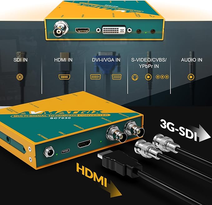 AVMATRIX SC7030 Multi-Signal Converter, SDl/HDMl/DVI-I/VGA/CVBS/S-Video/YPbPr to HDMI/SDI, 1080P Video Converter, UP/Down Scaling SDI Splitter, Audio Embedding & Aspect Ratio Adjustment