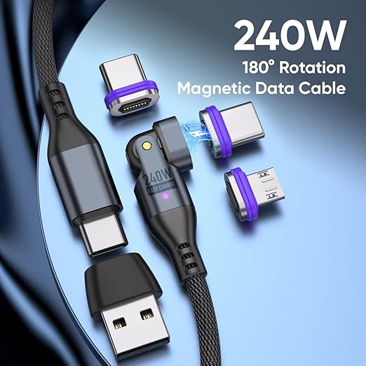 Bojianxin 240W Magnetic Charging Cable ，180°Rotating USBC to USB C Magnetic Data Cable ，Micro USB Phone Fast Charger Cable Data Transfer for Laptop/Tablet/Smart Phone (6ft)
