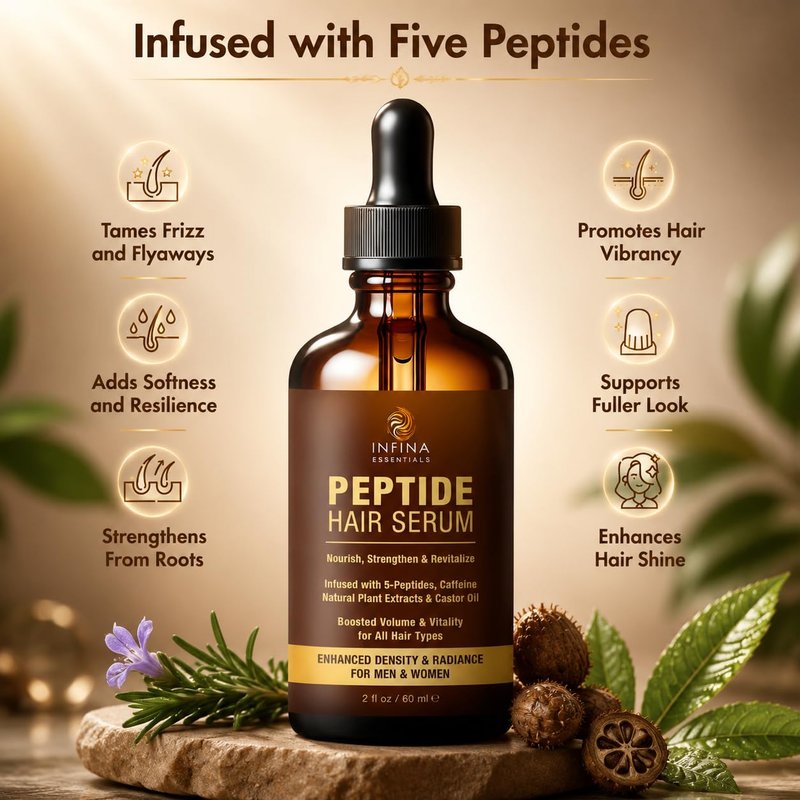 INFINA ESSENTIALS Peptide Hair Serum for Hair Growth Men & Women - Copper Peptides for Hair Growth - Caffeine Hair Growth Serum for Hair Thinning & Loss - Multi Peptide Serum for Hair Density 2 fl oz