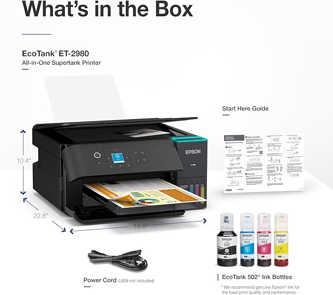 Epson EcoTank ET-2980 Wireless All-in-One Color Supertank Printer with Refillable Ink Tanks, 3 Years of Ink, Mobile Printing, 15 ISO PPM, Color Touchscreen, Auto 2-Sided, Black
