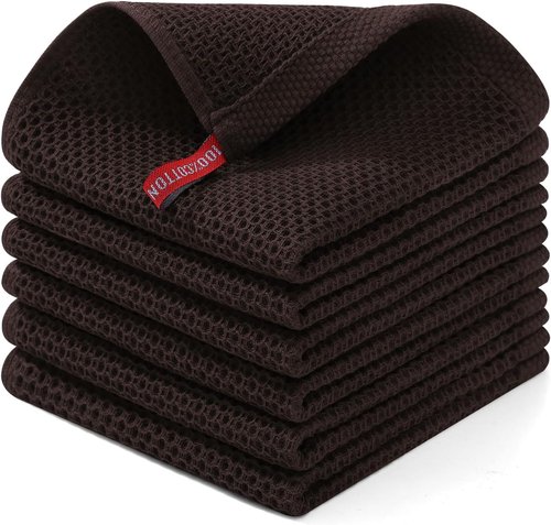 Homaxy 100% Cotton Waffle Weave Dish Cloths - Ultra Soft & Absorbent Quick-Drying Towels | 12x12 Inches, 6-Pack, Dark Brown