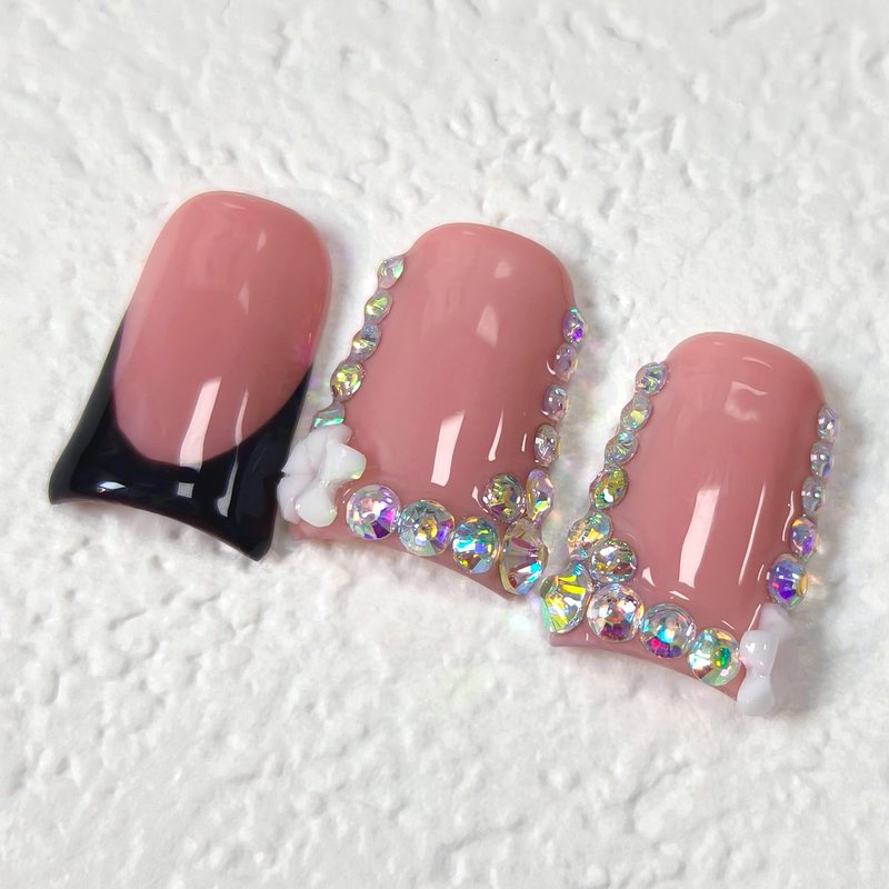TENPAL Handmade Duck Nails Press on,Pink & Black French Tip Duckbill Tips with Rhinestone Edge,10PCS Glossy Glue on Nails Kit,Glitter Acrylic False Nails with Design,Y2K Punk Fake Nail for Women(M)