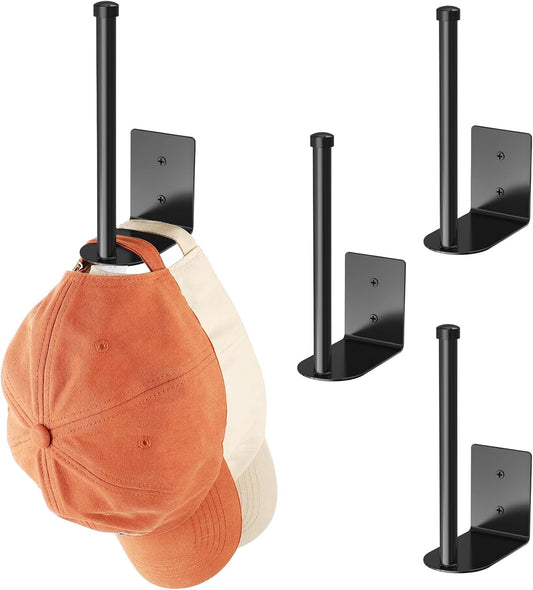 Skiennix Hat Rack | 4 Pack Stainless Steel Baseball Cap Organizer - Strong Adhesive & Wall Drilled, Black 6 in