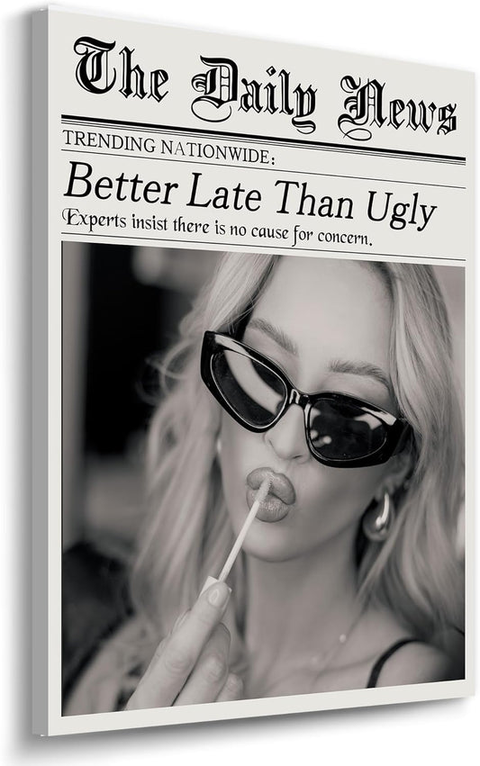 Rdtcgvss Vintage Headline Canvas Wall Decor - "Better Late Than Ugly" - 11" x 15" Wooden Frame, Trendy Print