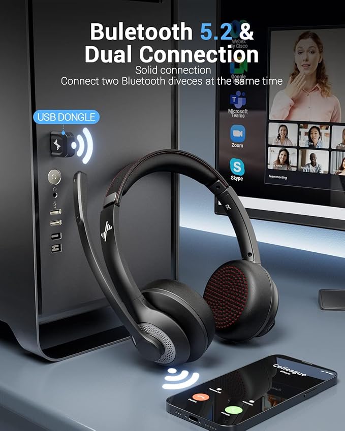 JIAMQISHI Wireless Headset with AI Noise Cancelling Microphone Bluetooth Headset - Bluetooth V5.2（Black Gray）