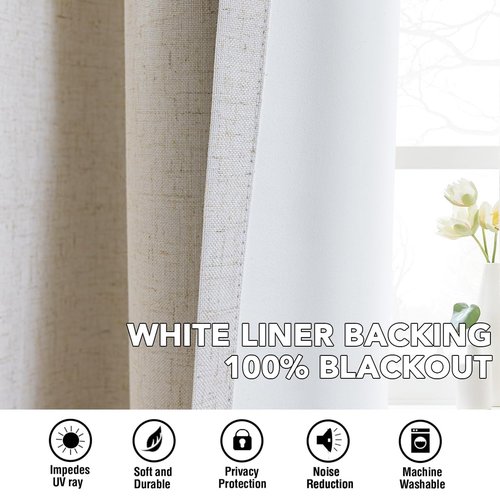 H.VERSAILTEX Linen Curtains 100% Blackout Curtains for Bedroom 102 inch Long Full Light Blocking Nature Linen Blended Window Curtains for Living Room Nickel Grommet (2 Panels, Heathered Natural)