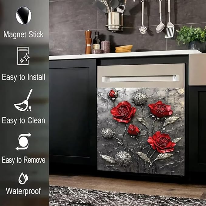 Kitchen Decor Dishwasher Magnet Cover Decal, Metal Red Roses on Gray Textured with Silver Leaves Magnetic Dish Washer Door Vinyl Sticker, Refrigerator Magnets,Easy to Clean, 23 x 26 inch