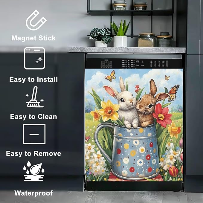 Easter Bunny Dishwasher Magnet Decoration Cover Kitchen, Two Rabbits Vinyl Magnetic Dishwasher Sticker, 23 x 26 in Spring Colorful Flowers Home Magnet Fridge Cover