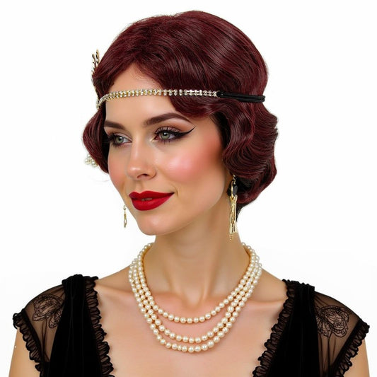 STfantasy 20S Finger Wave Wig Flapper Curly Synthetic Hair for Women 1920s Cosplay Costume Halloween Party Daily Everyday Wear (Black+Red)
