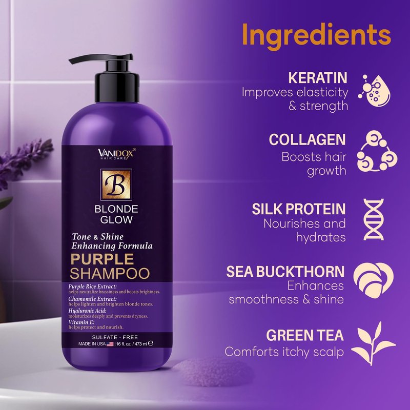 VANIDOX Sulfate Free Brass Toning Purple Shampoo for Blondes, Brown Highlighted, or Bleached Hair, Infused with Purple Rice Extract, Hyaluronic Acid, Vitamin E, and Chamomile Extract (16 fl oz)