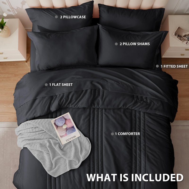 Velorose Queen Comforter Set Black - Bed in a Bag Queen Size 7 Pieces, Soft Bedding Set for All Seasons, Premium Queen Comforter Set with Comforter, Sheets, Pillowcases & Shams