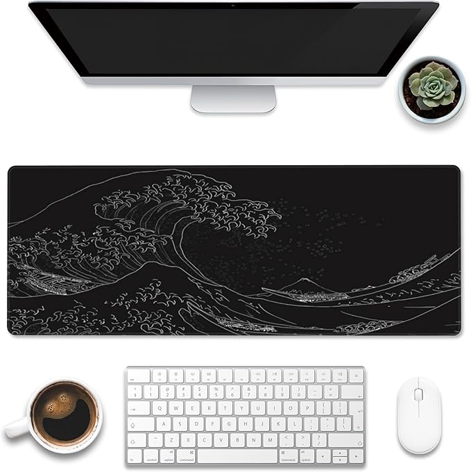 Eflxamz Desk Mat,Black Japanese Sea Wave Desk Pad,Japanese Sea Wave Large Gaming Mouse Pad for Desk,Extended Big Computer Keyboard Mouse Pad with Non-Slip Base and Stitched Edge,31.5"x11.8"