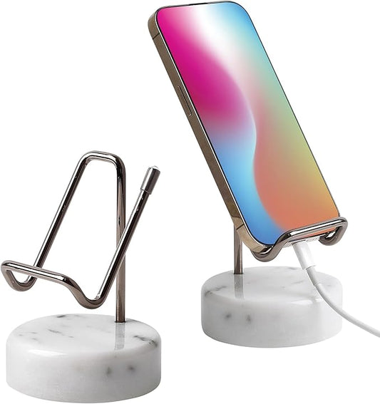 TransMarble Marble Phone Stand with Metal Holder, Charging Available While Using, Swipe Up to Unlock, Made of Natural Marble as Business Card Holder for Office Desk (Starry White + Black)