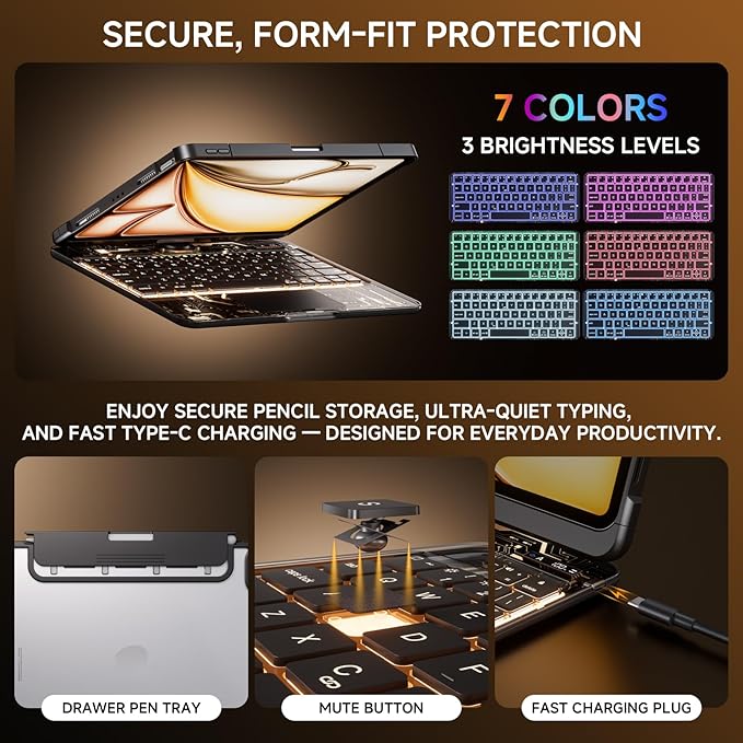 Tiaota Transparent Case with Keyboard for iPad 9th (7th, 8th, and 9th Gen) 10.2 Inch,with 7-Color Backlit Wireless Keyboard,360°Rotatable Protective Case Multi-Touch Trackpad,with Pencil Holder,Black