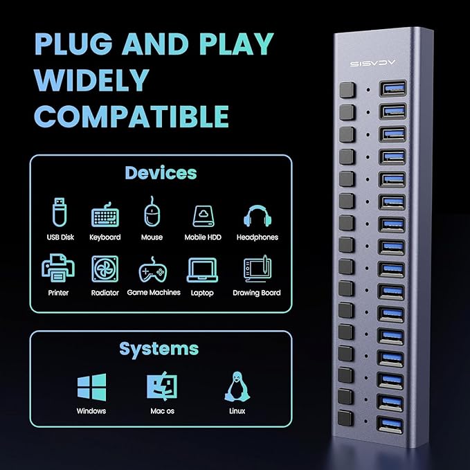 Powered USB Hub - ACASIS 16 Ports 90W USB 3.0 Data Hub - with Individual On/Off Switches and 12V/7.5A Power Adapter USB Hub 3.0 Splitter for Laptop, PC, Computer, Mobile HDD, Flash Drive and More