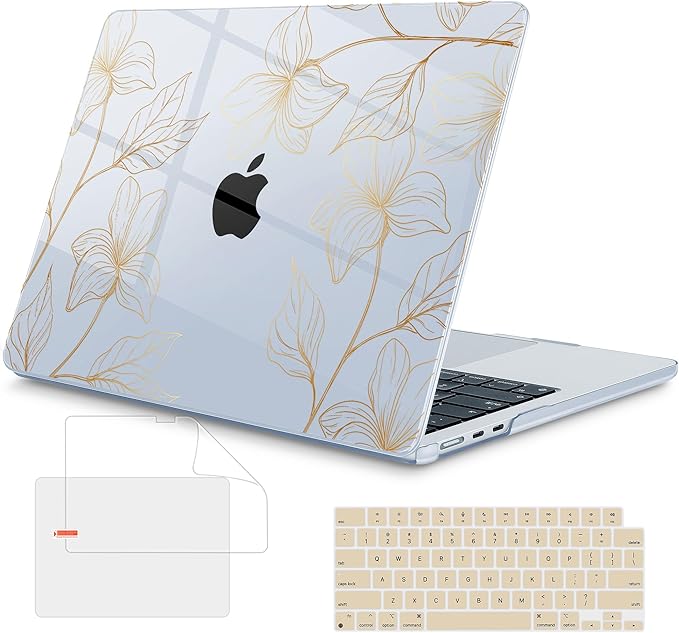 Mektron Case for 2026 MacBook Air 15 INCH M5 A3448 Compatible with M4 A3241 /M3 A3114 /M2 A2941 Printed Plastic Hard Shell Cover with 15.3" Liquid Retina Display Touch ID- Gold Flower S718-Blue