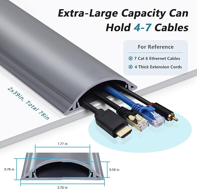 Cord Cover Floor, Large Capacity Floor Cable Cover, Hard PVC Cord Hider Floor, Floor Wire Cover for Cable Management Floor, Cable Floor Cover, Cord Cavity - 1.8" W x 0.6" H Gray