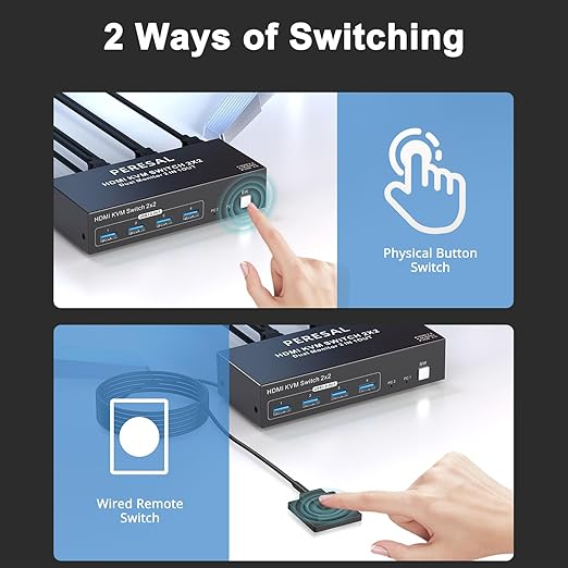 PERESAL Dual Monitor HDMI KVM Switch, 2 Computers 4K60Hz Dual Monitor KVM Switches for PC or Laptops,4 USB 3.0 Ports Support Extended/Copy Mode with DC 12V Adapter&Wired Controller