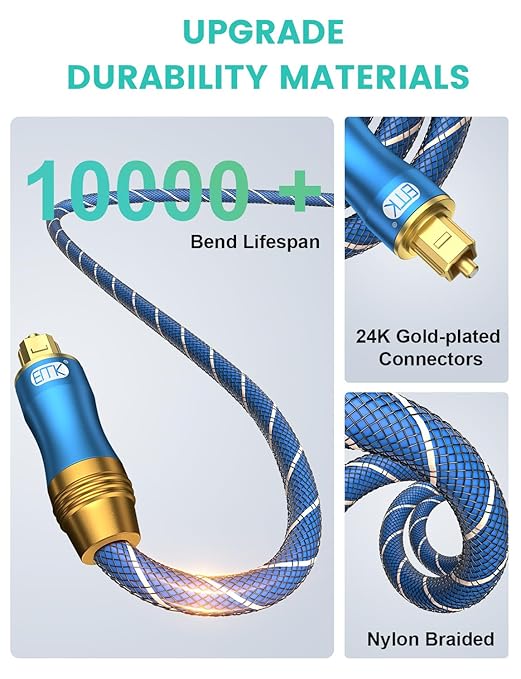 EMK Digital Optical Audio Cable 33Feet/10M Fiber Optical Toslink SPDIF Male to Male Cord for Home Theater, Sound Bar, TV, PS4, Xbox, PlayStation & More